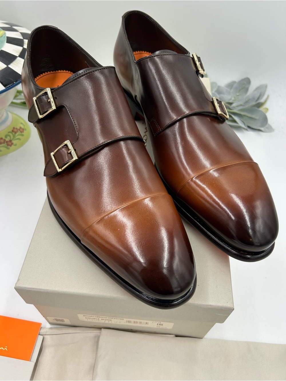 Men's Santoni Ira double Monk strap BURNISHED Leather Oxford, size 11 US